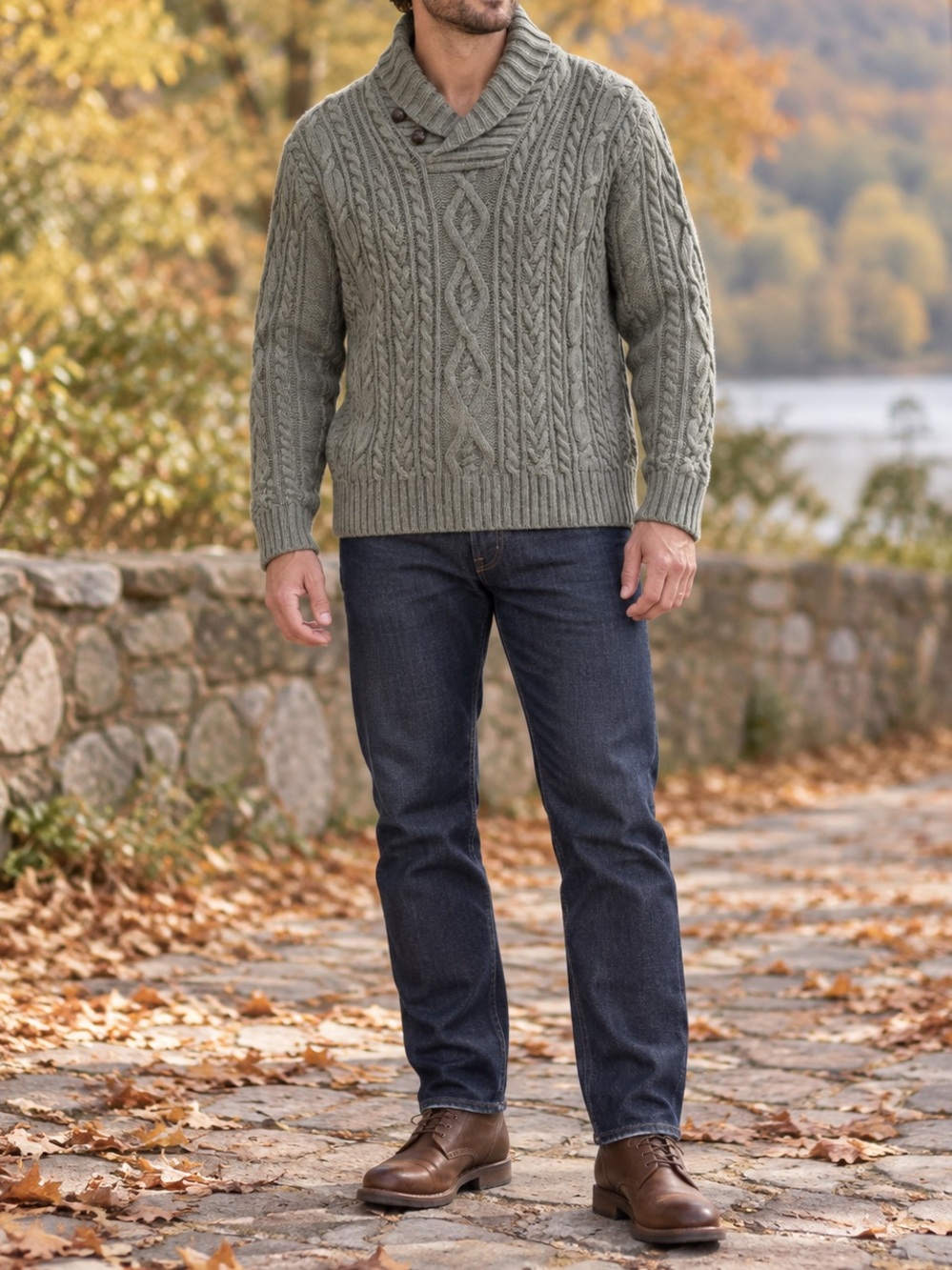 Polo Ralph Lauren Lambswool Cable Knit Sweater XL Sage Green Shawl Collar Preppy